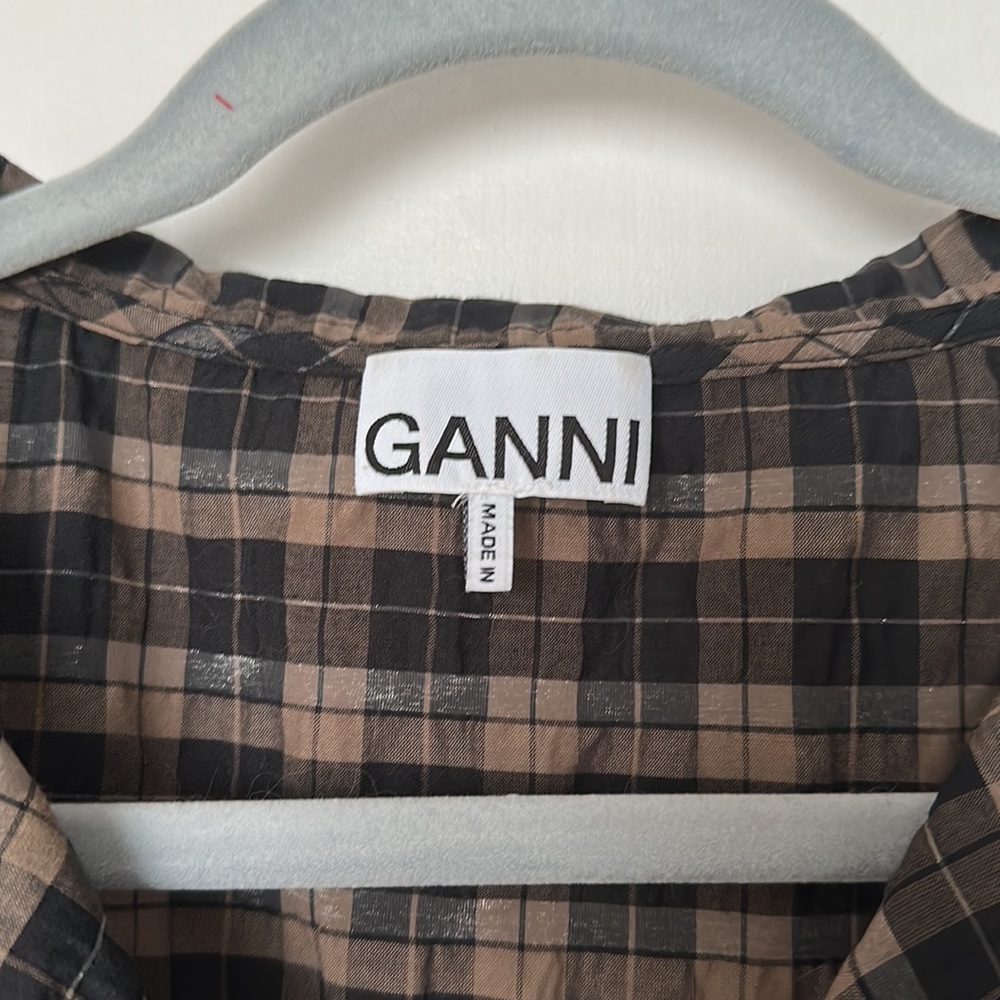 Black and Brown Gingham Plaid Ganni Puff Sleeve Blouse - Picture 3 of 5